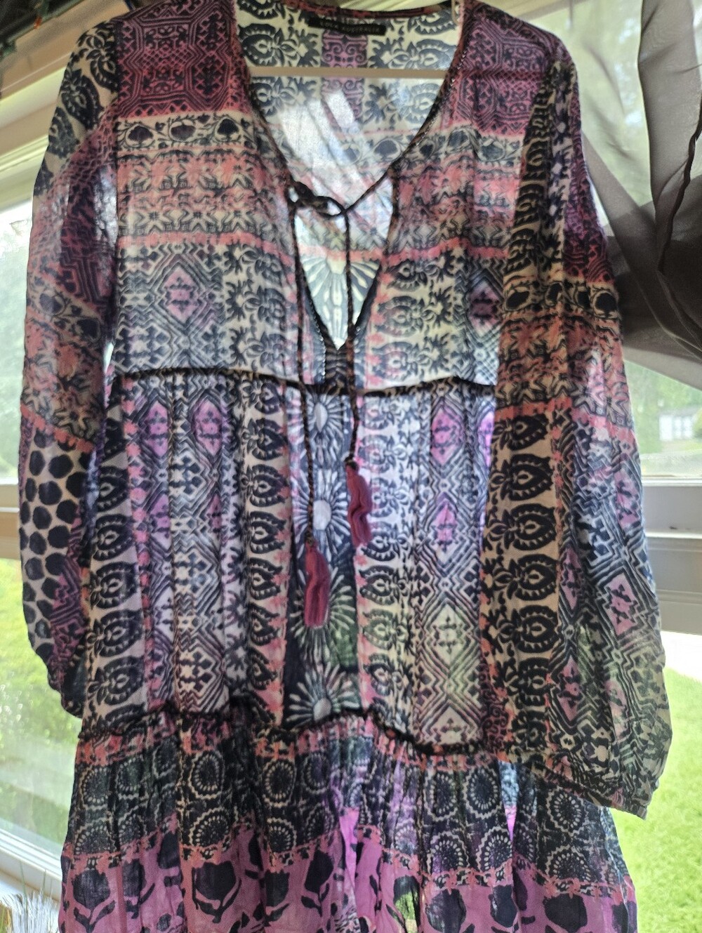 Boho Printed Tie-Front Peasant Blouse in Pink and Black